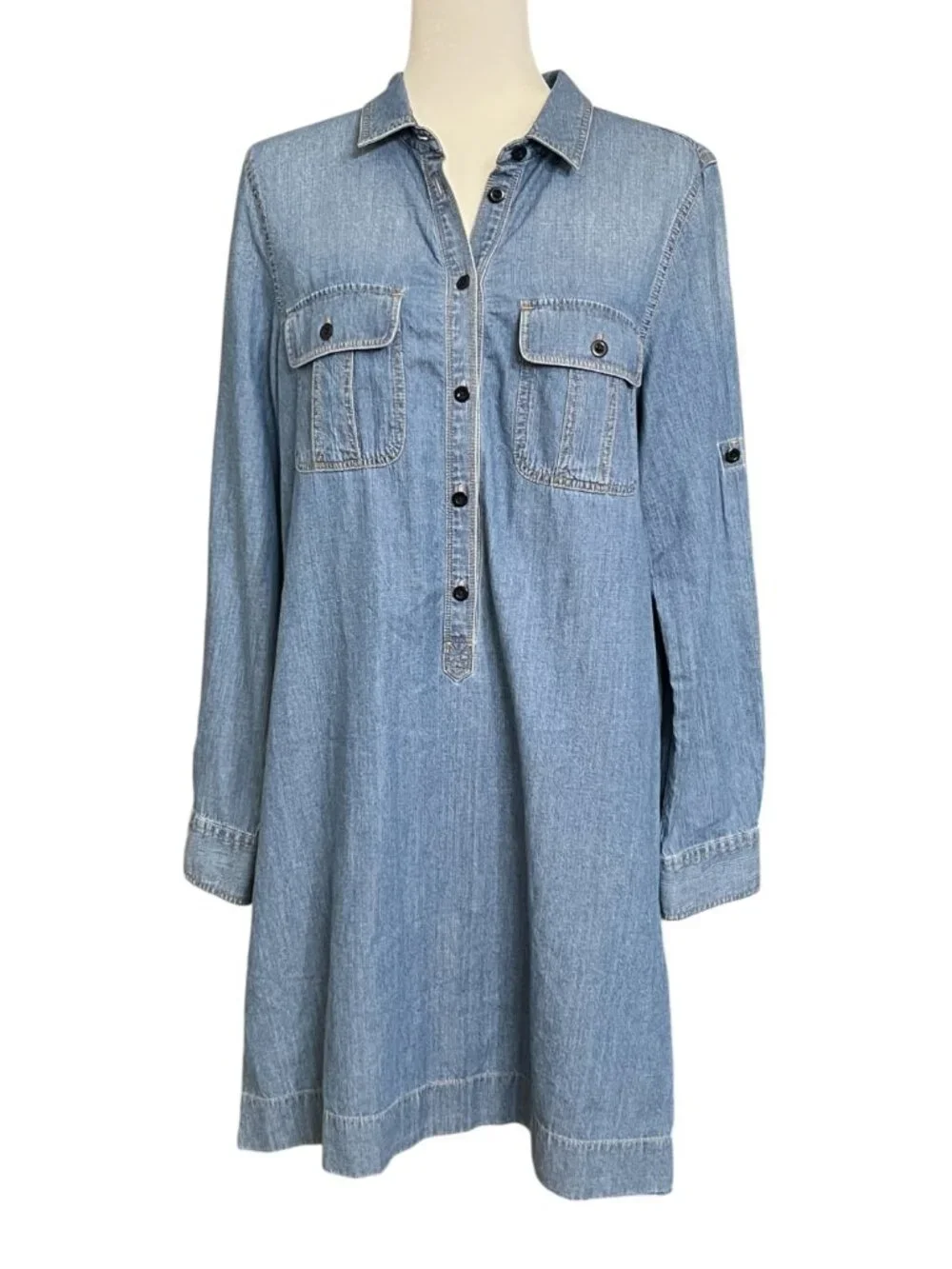 J.Crew Denim Chambray Shirt Dress Size 12 Long Sleeve Pocket Tunic